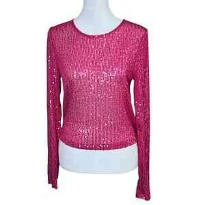 Chelsea & Violet Pink Sequin Top Festive Boxy Layering Semi Sheer Sz Small NEW
